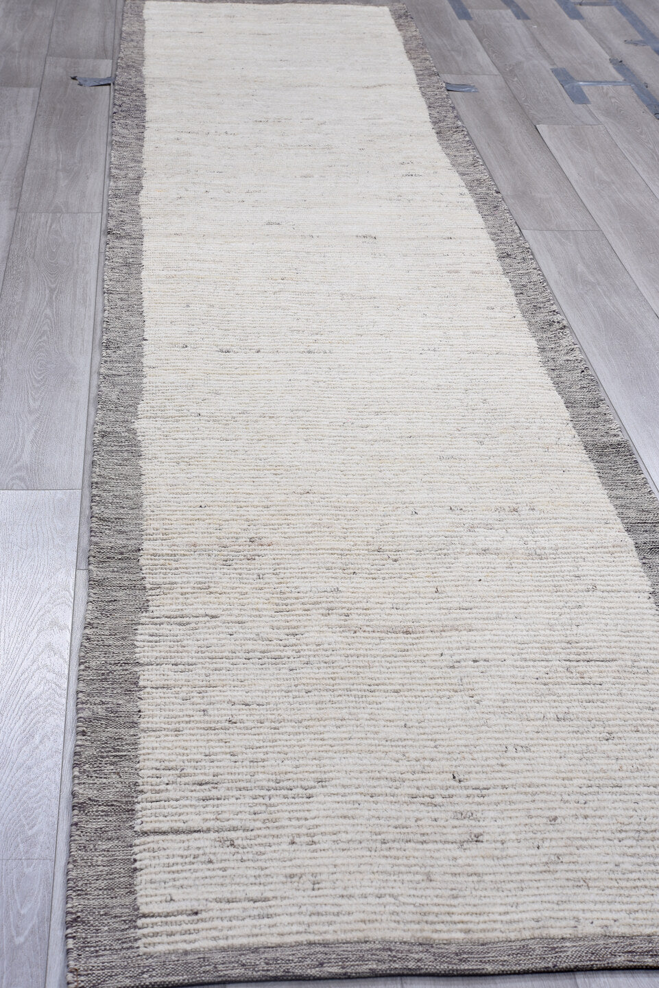 2' x 13' one-of-a-kind handmade vintage Tulu runner rug. Color palette: ivory, charcoal, gray, taupe, black, beige