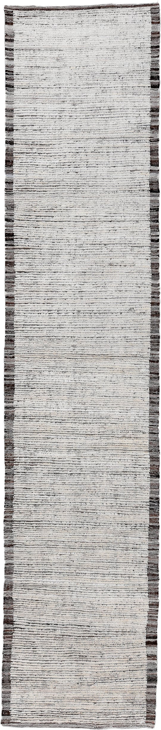 3' x 14' one-of-a-kind handmade vintage Tulu runner rug. Color palette: ivory, charcoal, taupe, gray, black, beige
