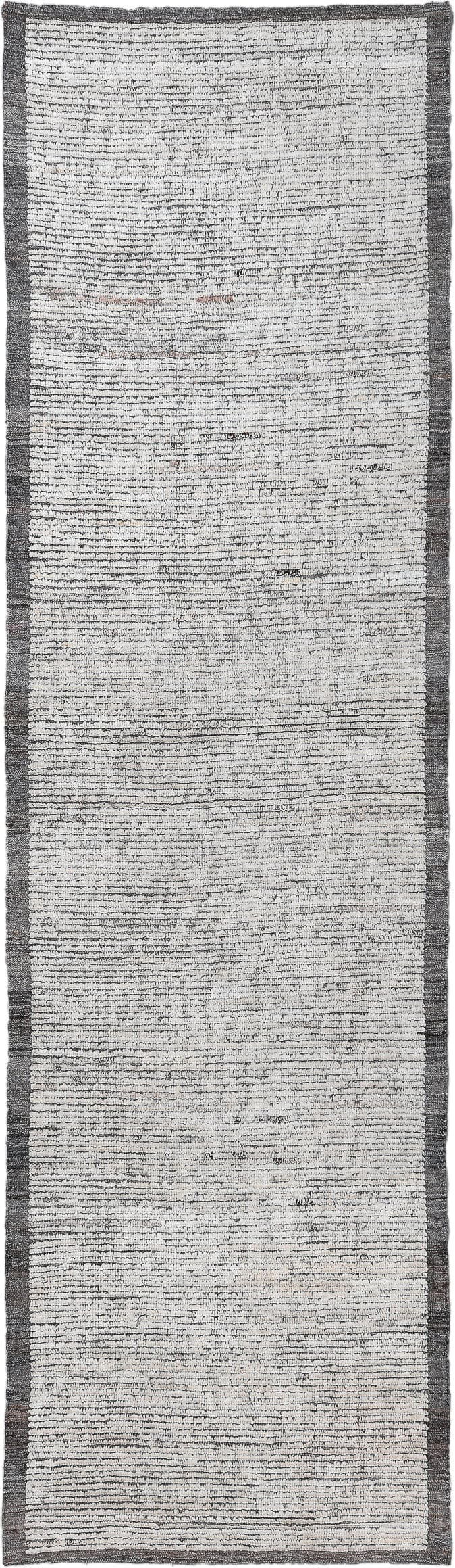 3' x 10' one-of-a-kind handmade vintage Tulu runner rug. Color palette: ivory, charcoal, gray, taupe, black, beige