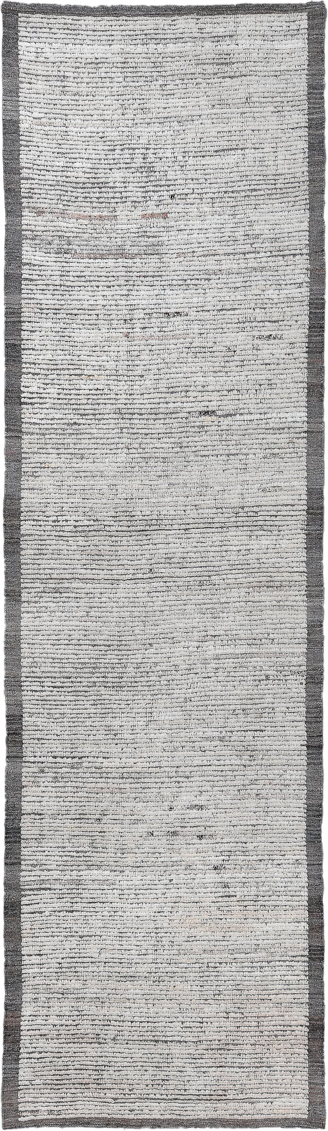 3' x 10' one-of-a-kind handmade vintage Tulu runner rug. Color palette: ivory, charcoal, gray, taupe, black, beige