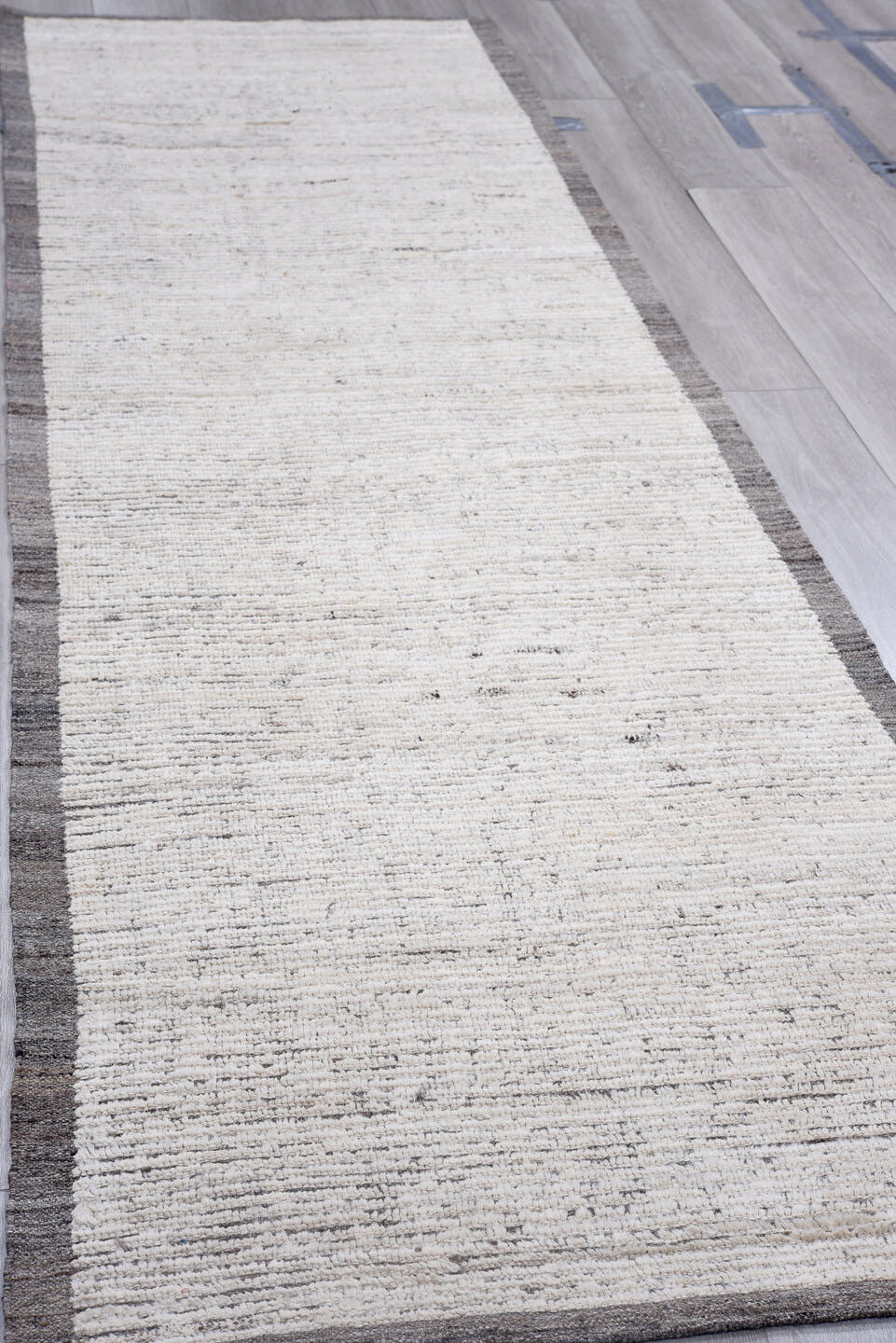 3' x 10' one-of-a-kind handmade vintage Tulu runner rug. Color palette: ivory, charcoal, gray, taupe, black, beige
