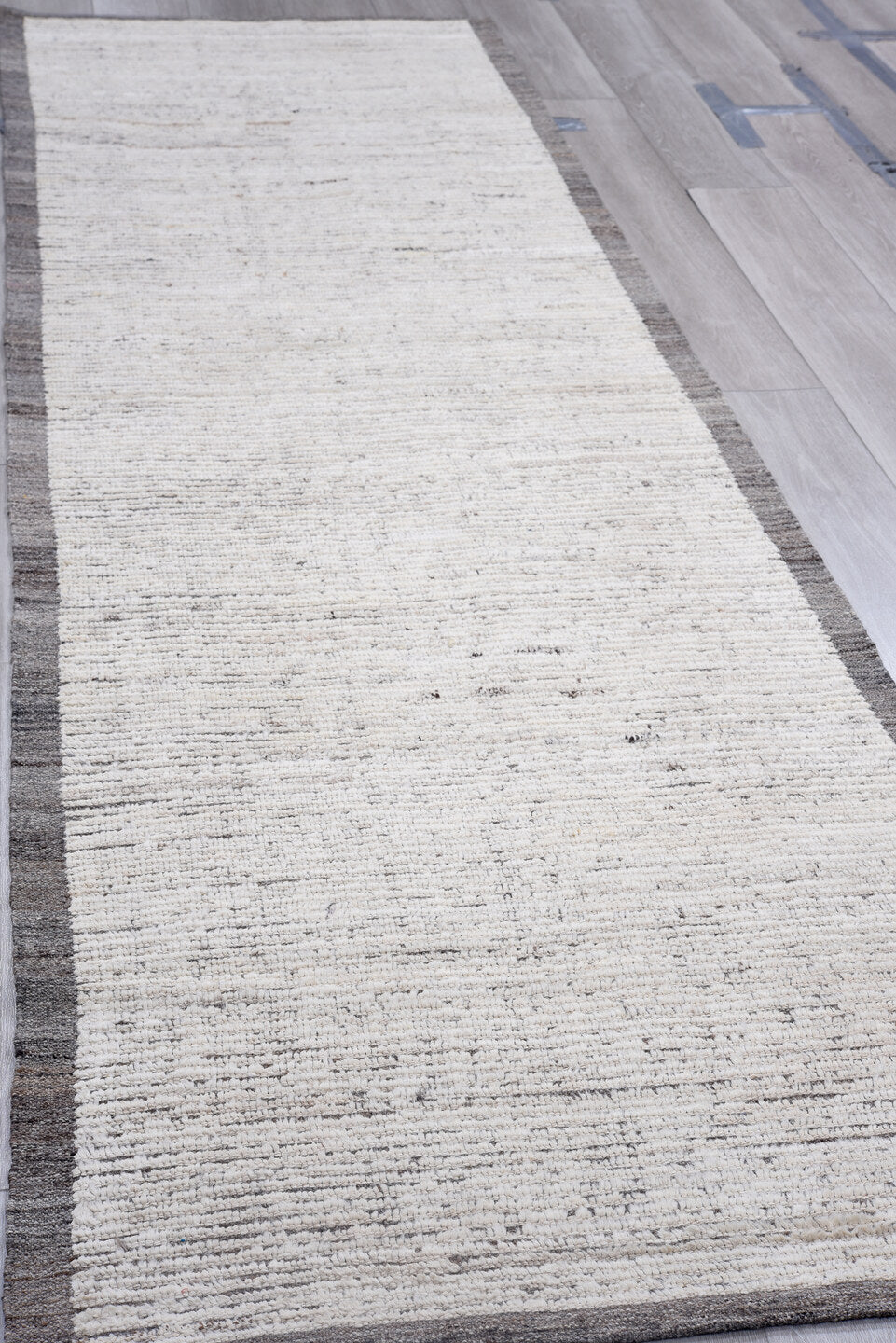 3' x 10' one-of-a-kind handmade vintage Tulu runner rug. Color palette: ivory, charcoal, gray, taupe, black, beige