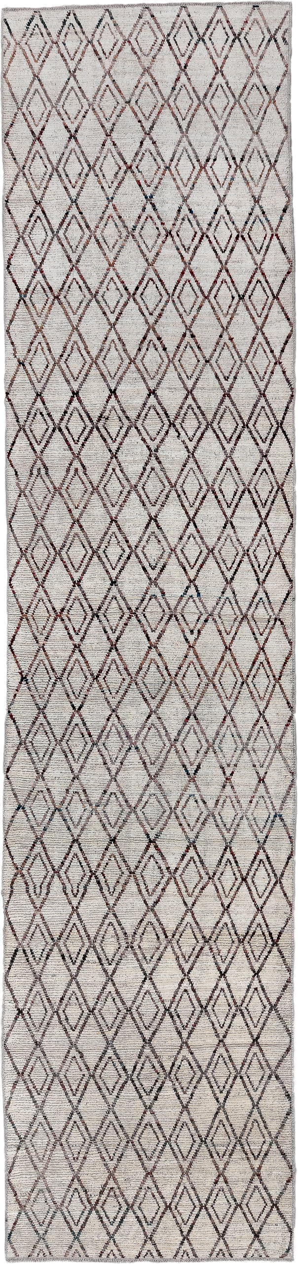 4' x 18' one-of-a-kind handmade vintage Tulu runner rug. Color palette: ivory, charcoal, taupe, rose, gray, black, beige