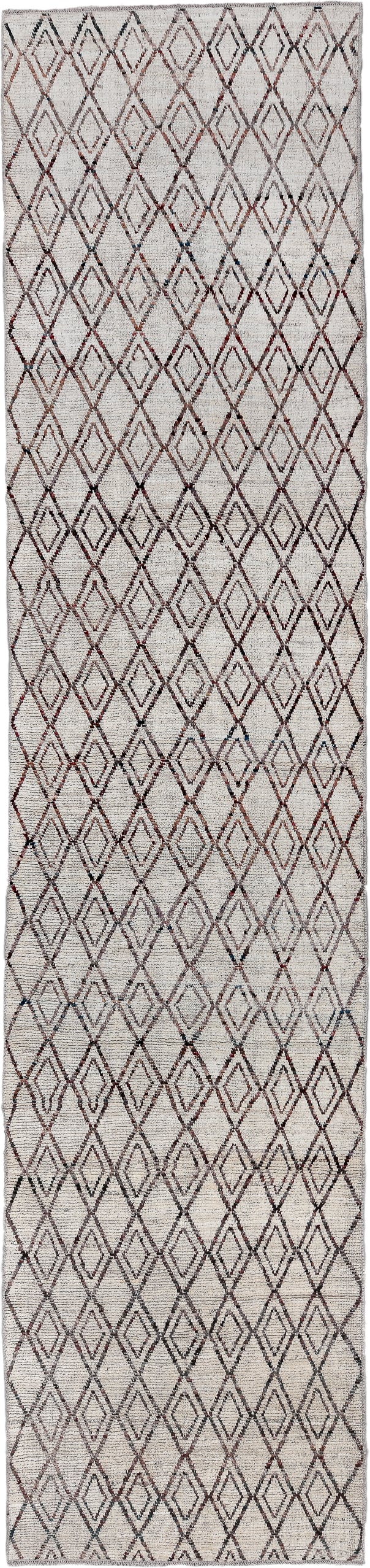 4' x 18' one-of-a-kind handmade vintage Tulu runner rug. Color palette: ivory, charcoal, taupe, rose, gray, black, beige