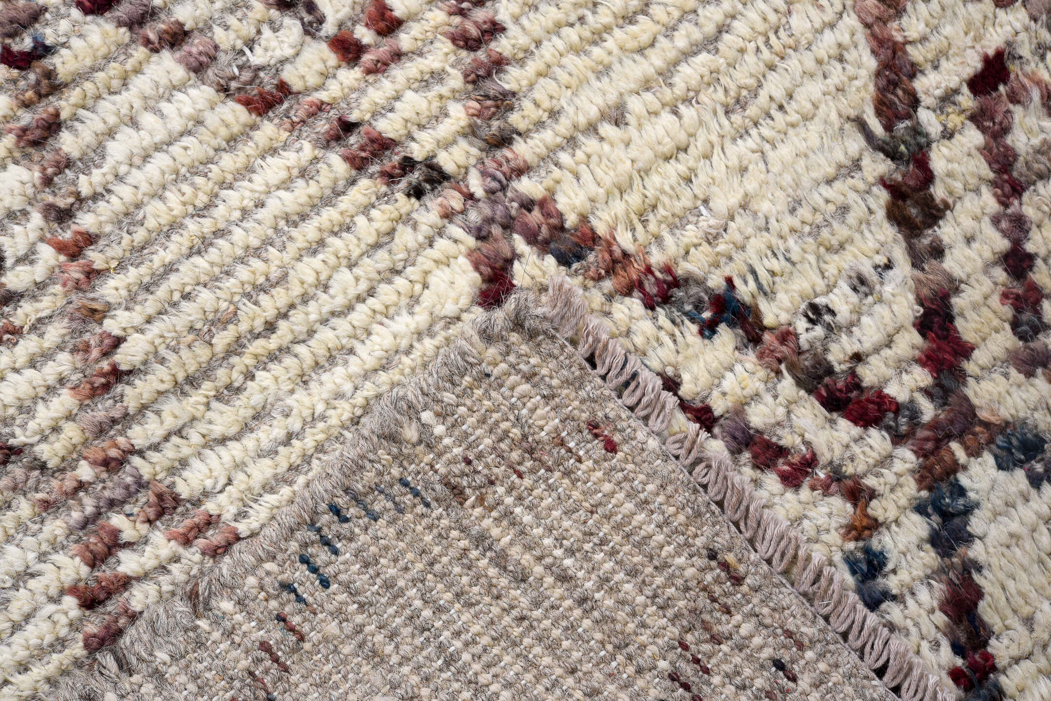 4' x 18' one-of-a-kind handmade vintage Tulu runner rug. Color palette: ivory, charcoal, taupe, rose, gray, black, beige