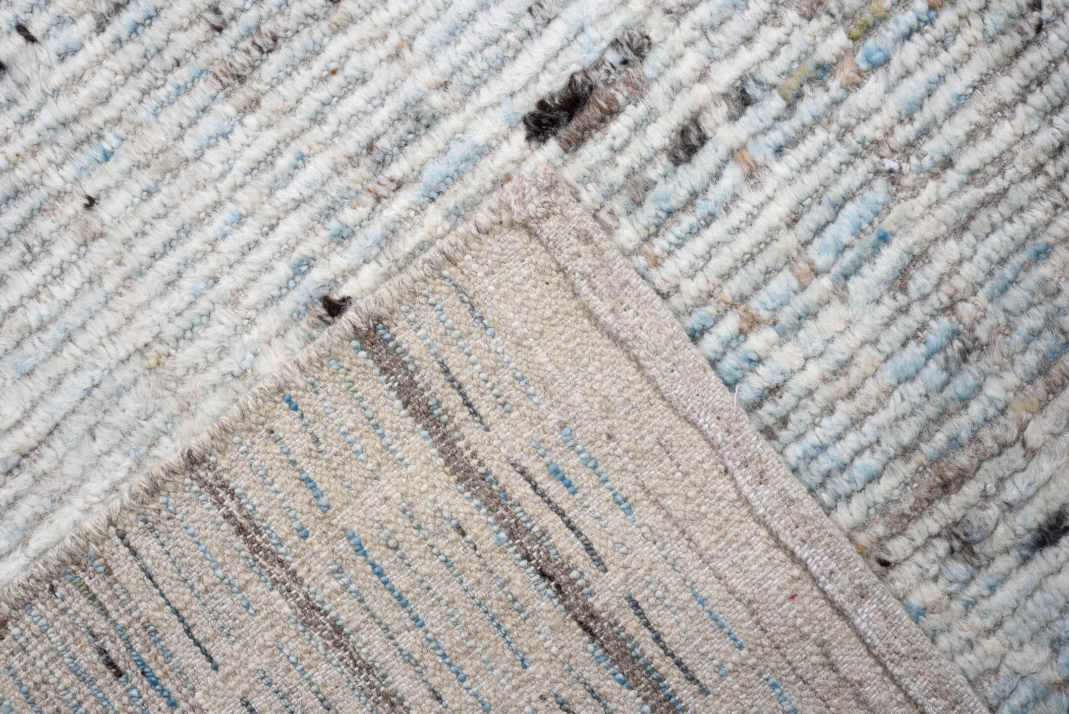 5' x 20' one-of-a-kind handmade vintage Tulu rug. Color palette: ivory, sky blue, gray, charcoal, light blue, black
