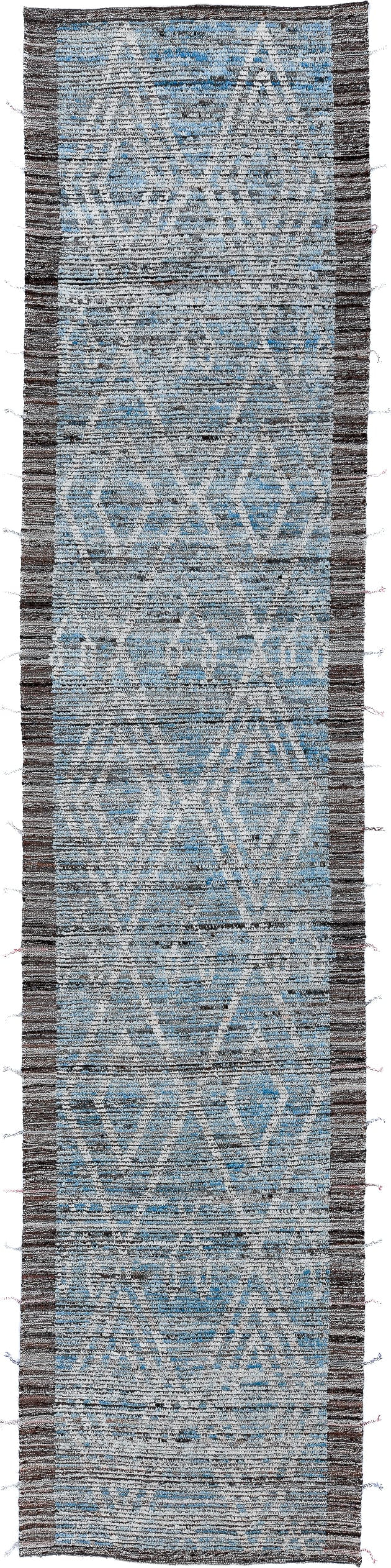 3' x 16' one-of-a-kind handmade vintage Tulu runner rug. Color palette: ivory, sky blue, charcoal, slate, taupe, light blue