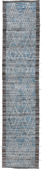 3' x 16' one-of-a-kind handmade vintage Tulu runner rug. Color palette: ivory, sky blue, charcoal, slate, taupe, light blue