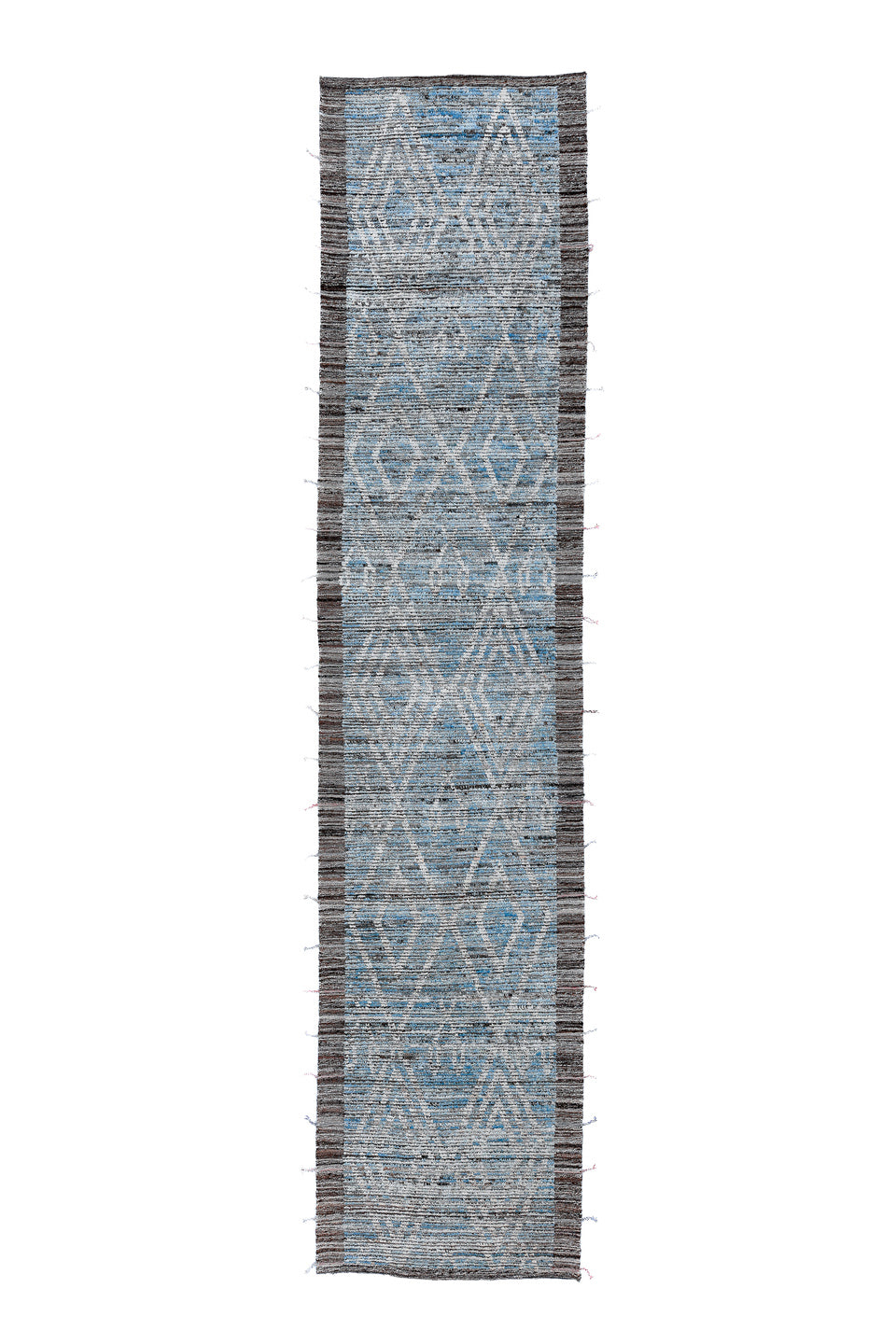 3' x 16' one-of-a-kind handmade vintage Tulu runner rug. Color palette: black, blue, dark gray, dim gray, gainsboro, gray