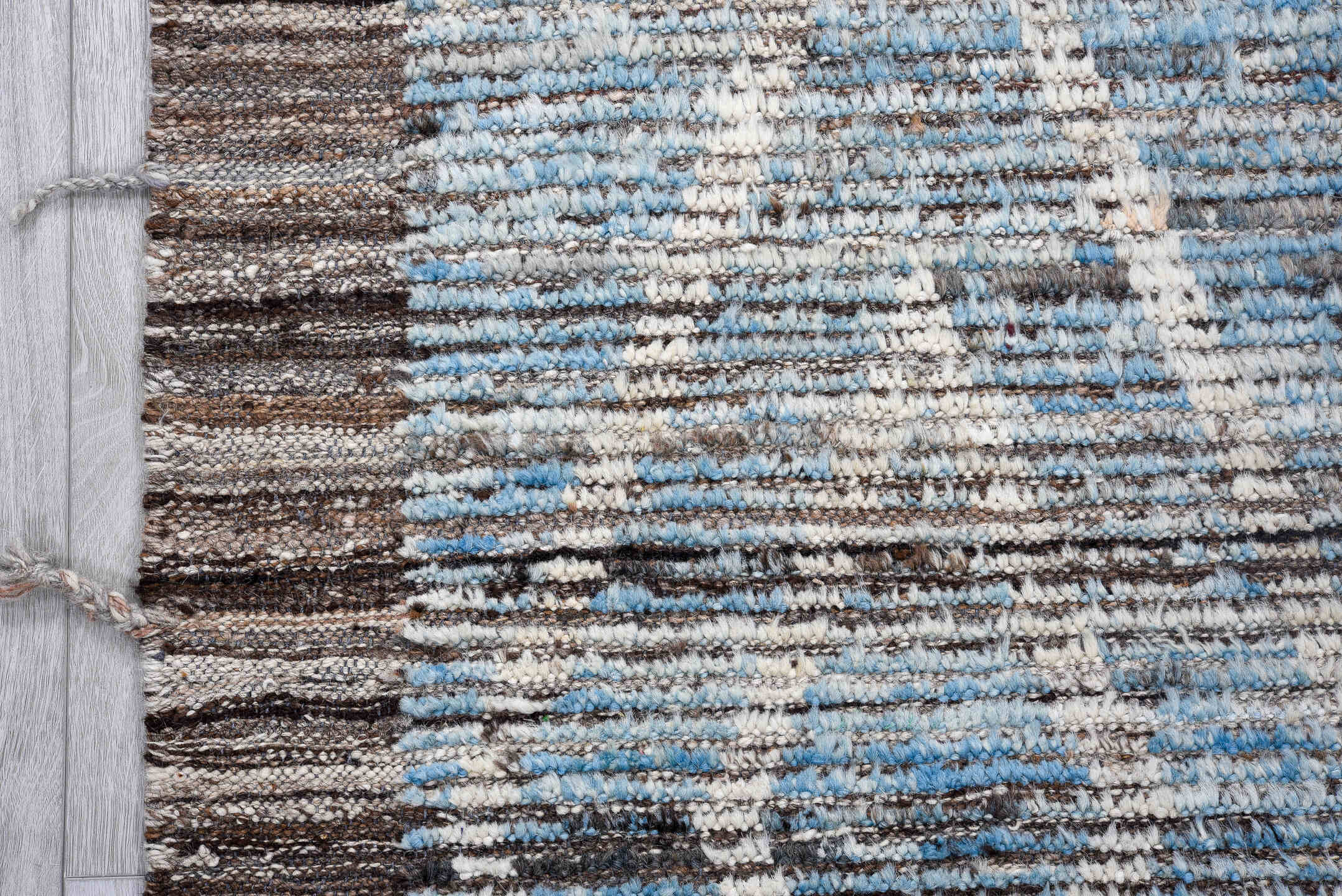 3' x 16' one-of-a-kind handmade vintage Tulu runner rug. Color palette: ivory, sky blue, charcoal, slate, taupe, light blue