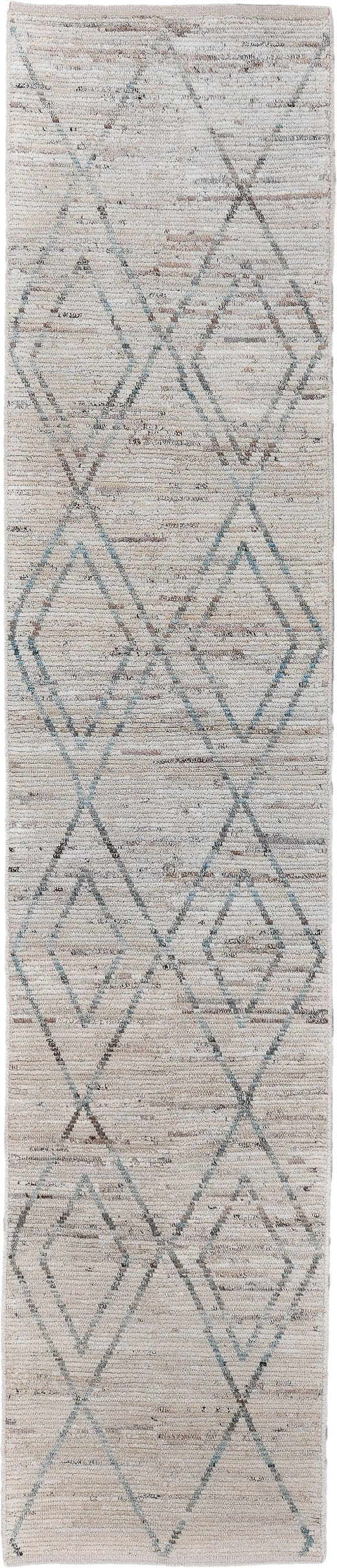 2' x 13' one-of-a-kind handmade vintage Tulu runner rug. Color palette: ivory, taupe, slate, pale blue, beige, gray