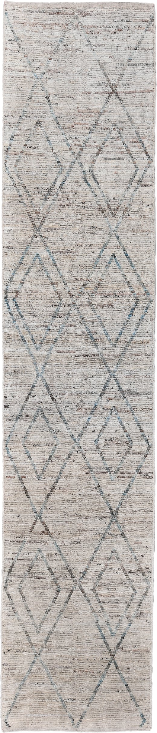 2' x 13' one-of-a-kind handmade vintage Tulu runner rug. Color palette: ivory, taupe, slate, pale blue, beige, gray