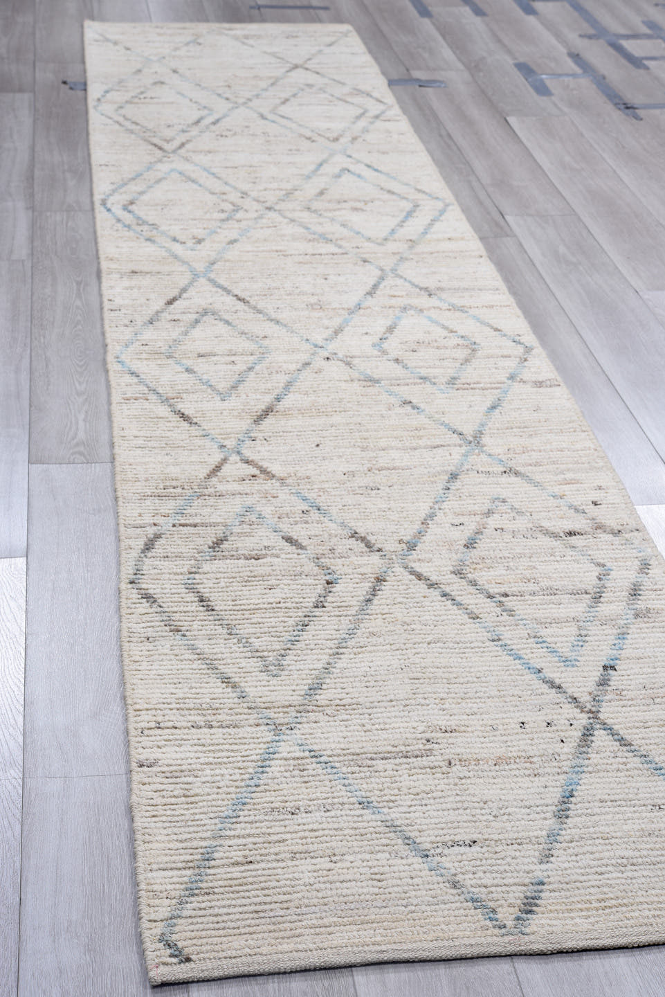 2' x 13' one-of-a-kind handmade vintage Tulu runner rug. Color palette: ivory, taupe, slate, pale blue, beige, gray