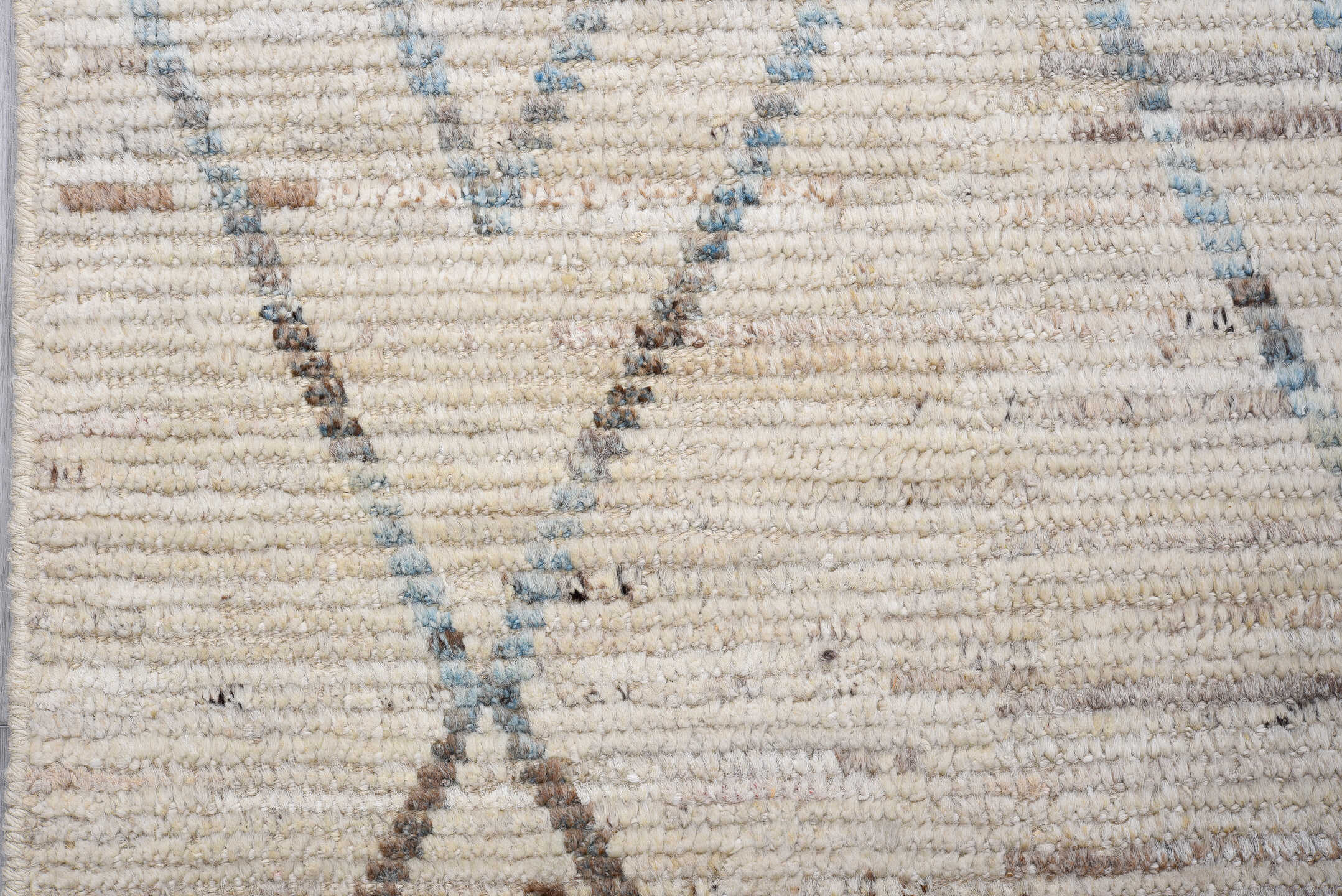 2' x 13' one-of-a-kind handmade vintage Tulu runner rug. Color palette: ivory, taupe, slate, pale blue, beige, gray