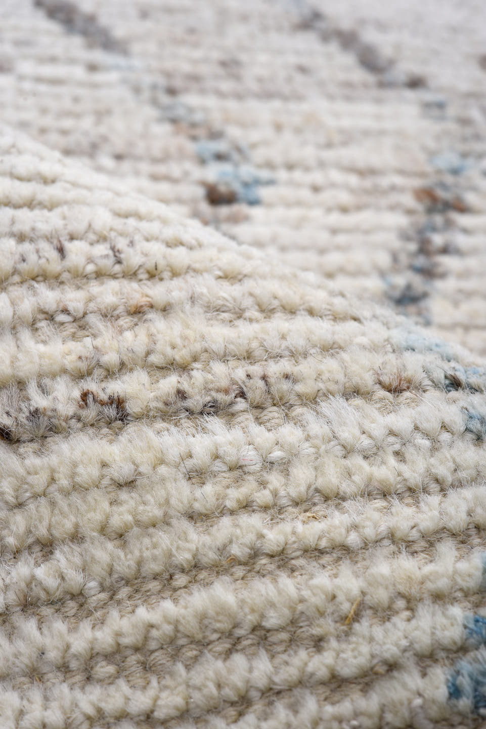 2' x 13' one-of-a-kind handmade vintage Tulu runner rug. Color palette: ivory, taupe, slate, pale blue, beige, gray