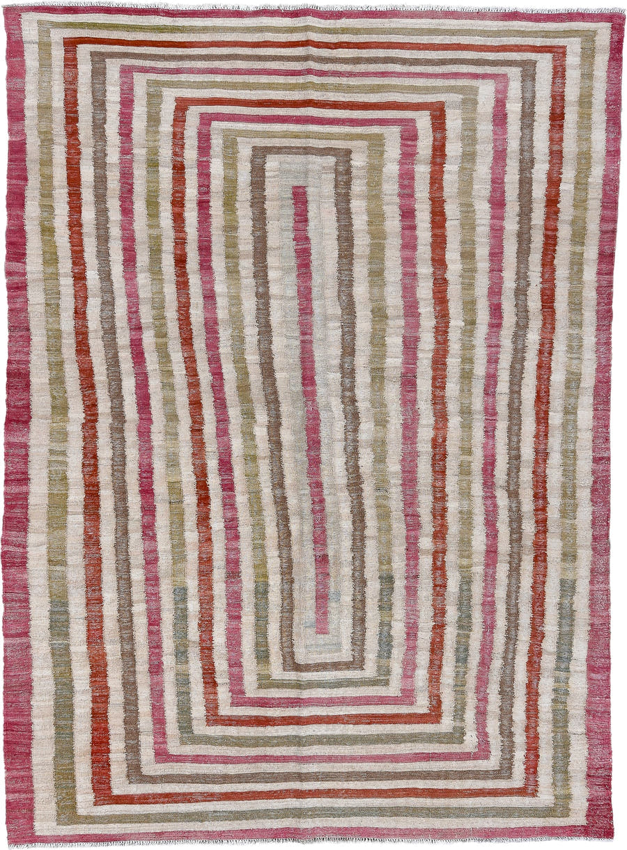 6' x 8' one-of-a-kind handmade vintage Kilim medium size rug. Color palette: ivory, rose, taupe, sage, rust, pink, red