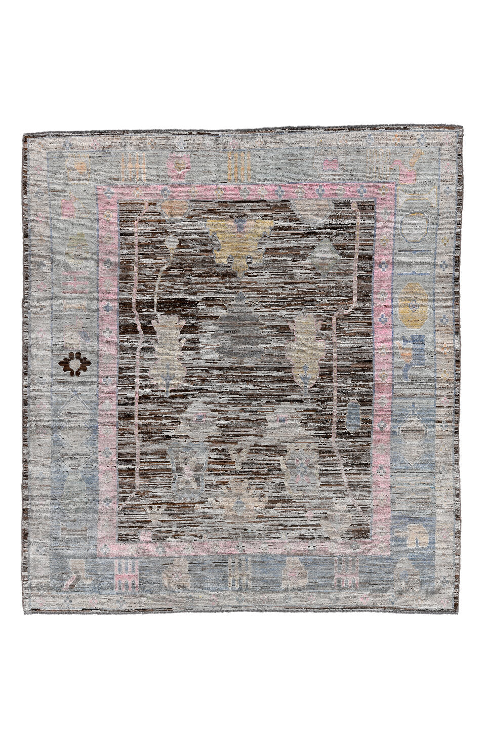 8' x 9' one-of-a-kind handmade vintage Oushak rug. Color palette: black, blue, brown, charcoal, dark gray, dim gray, fiord