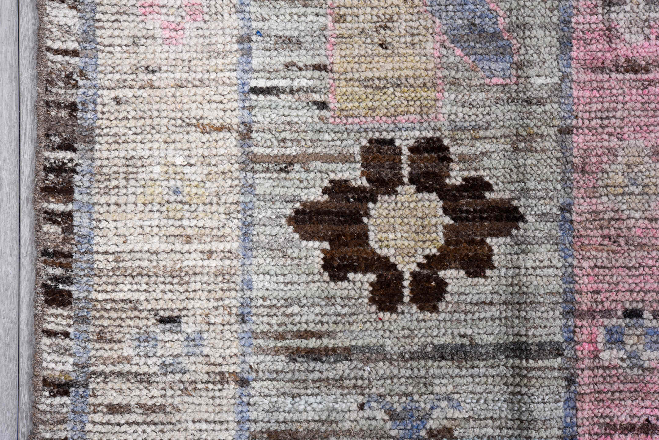 8' x 9' one-of-a-kind handmade vintage Oushak rug. Color palette: black, blue, brown, charcoal, dark gray, dim gray, fiord