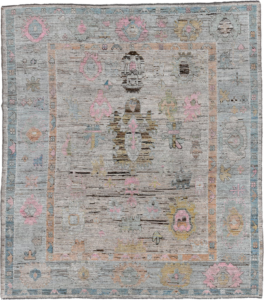 8' x 9' one-of-a-kind handmade vintage Oushak large size rug. Color palette: ivory, pale blue, blush, taupe, muted gold