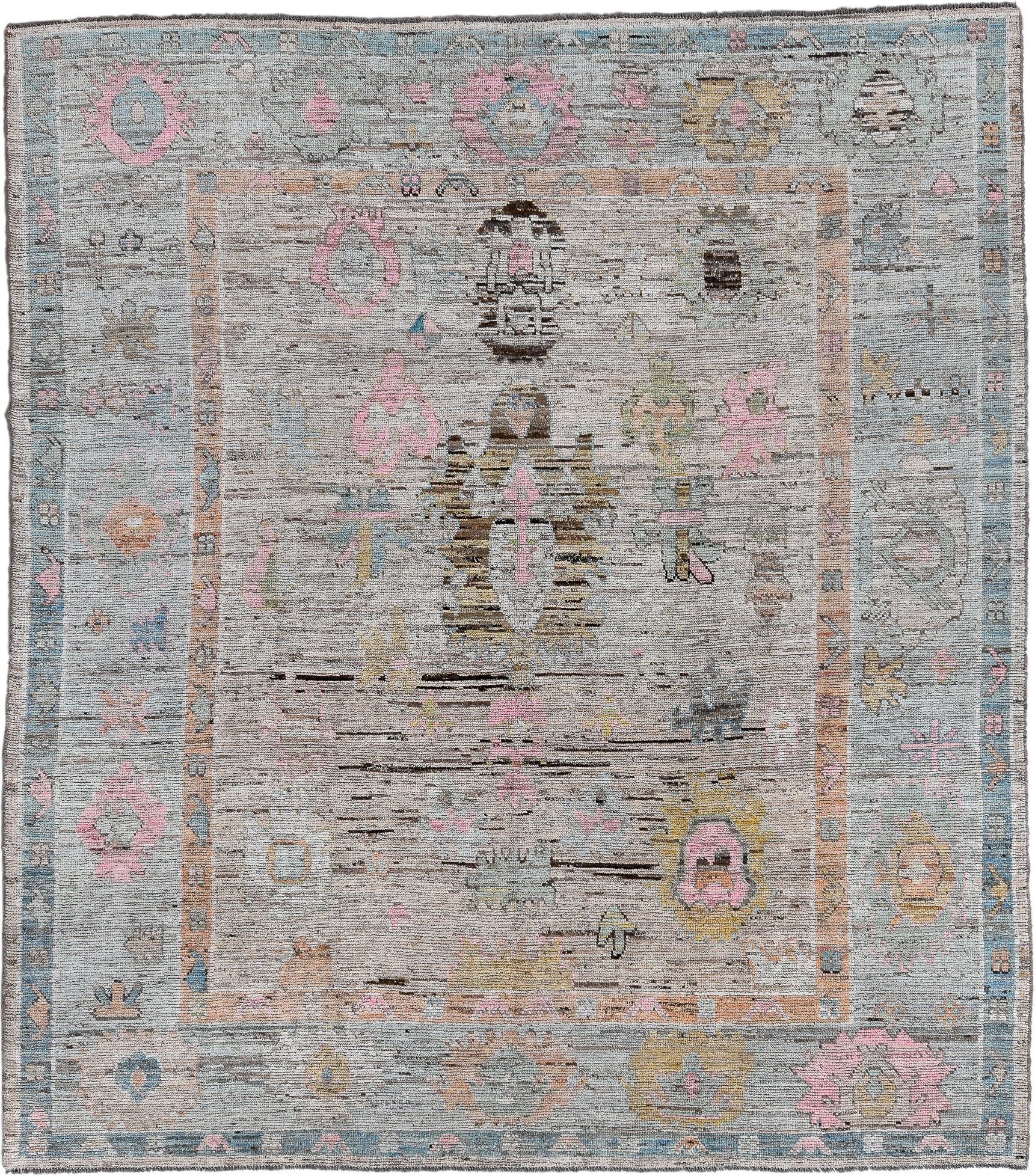 8' x 9' one-of-a-kind handmade vintage Oushak large size rug. Color palette: ivory, pale blue, blush, taupe, muted gold