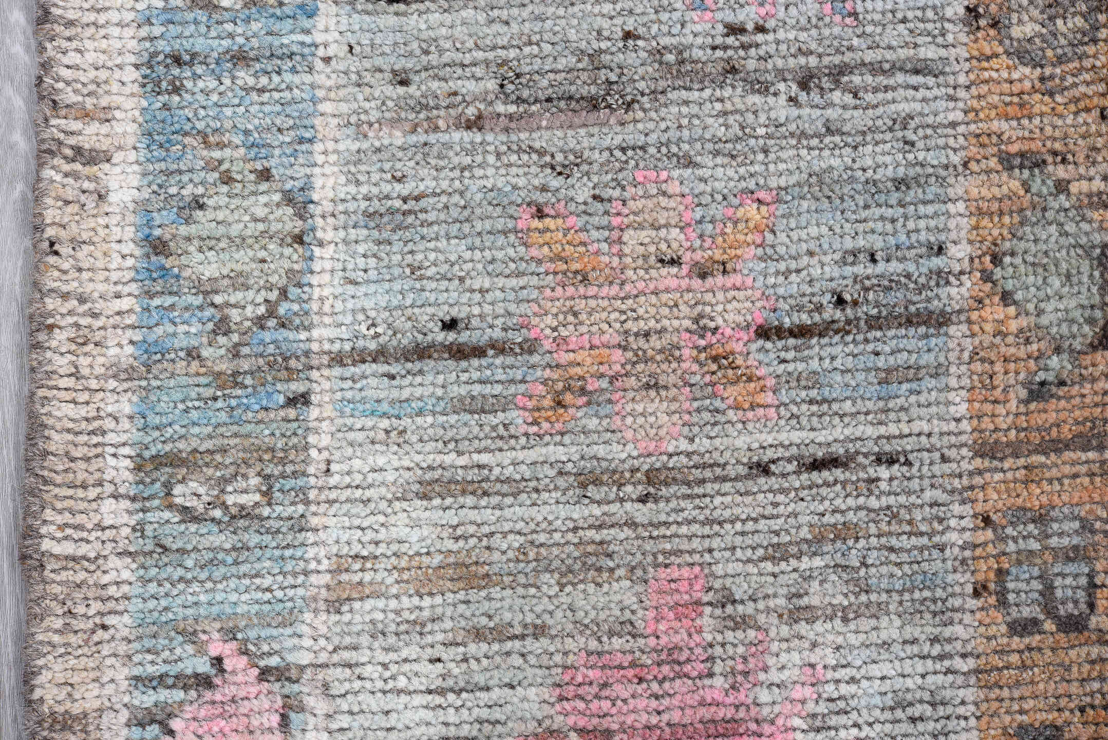 8' x 9' one-of-a-kind handmade vintage Oushak large size rug. Color palette: ivory, pale blue, blush, taupe, muted gold