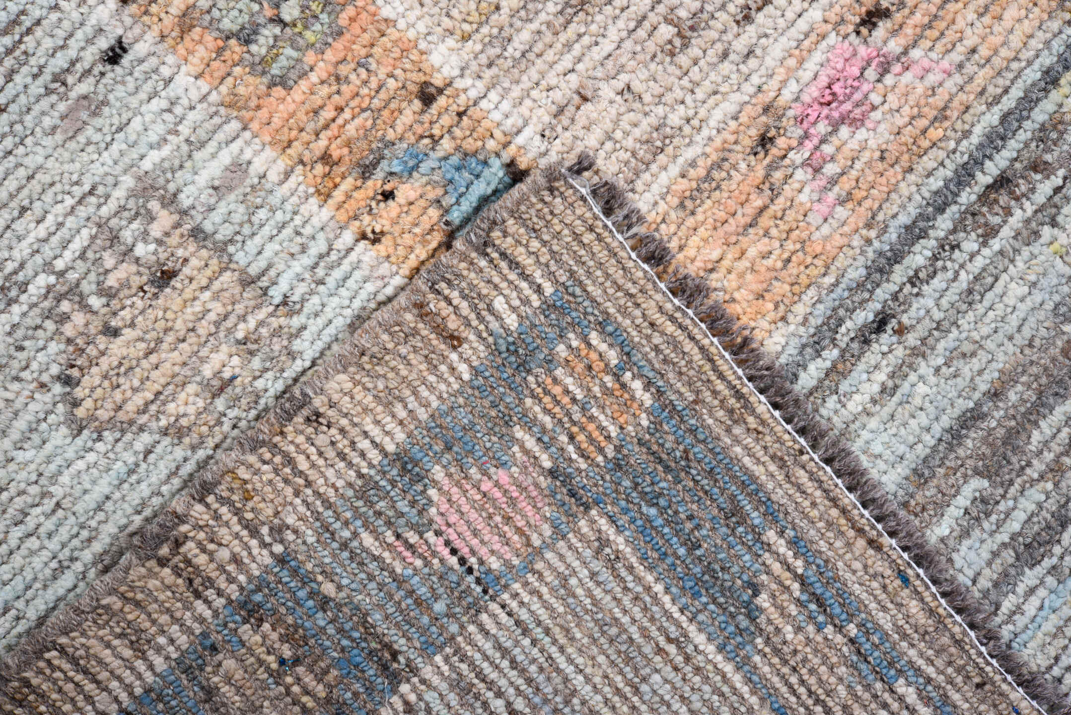 8' x 9' one-of-a-kind handmade vintage Oushak large size rug. Color palette: ivory, pale blue, blush, taupe, muted gold