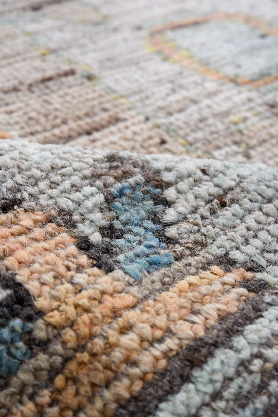 8' x 9' one-of-a-kind handmade vintage Oushak large size rug. Color palette: ivory, pale blue, blush, taupe, muted gold