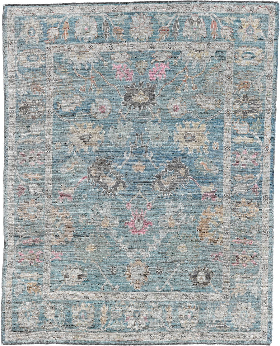 8' x 10' one-of-a-kind handmade vintage Oushak large size rug. Color palette: light blue, ivory, gray, taupe, blush, beige