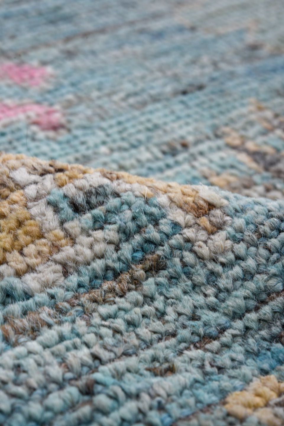8' x 10' one-of-a-kind handmade vintage Oushak large size rug. Color palette: light blue, ivory, gray, taupe, blush, beige