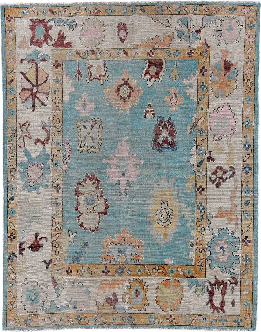 7' x 10' one-of-a-kind handmade vintage Oushak large size rug. Color palette: sky blue, ivory, gold, blush, burgundy, sage