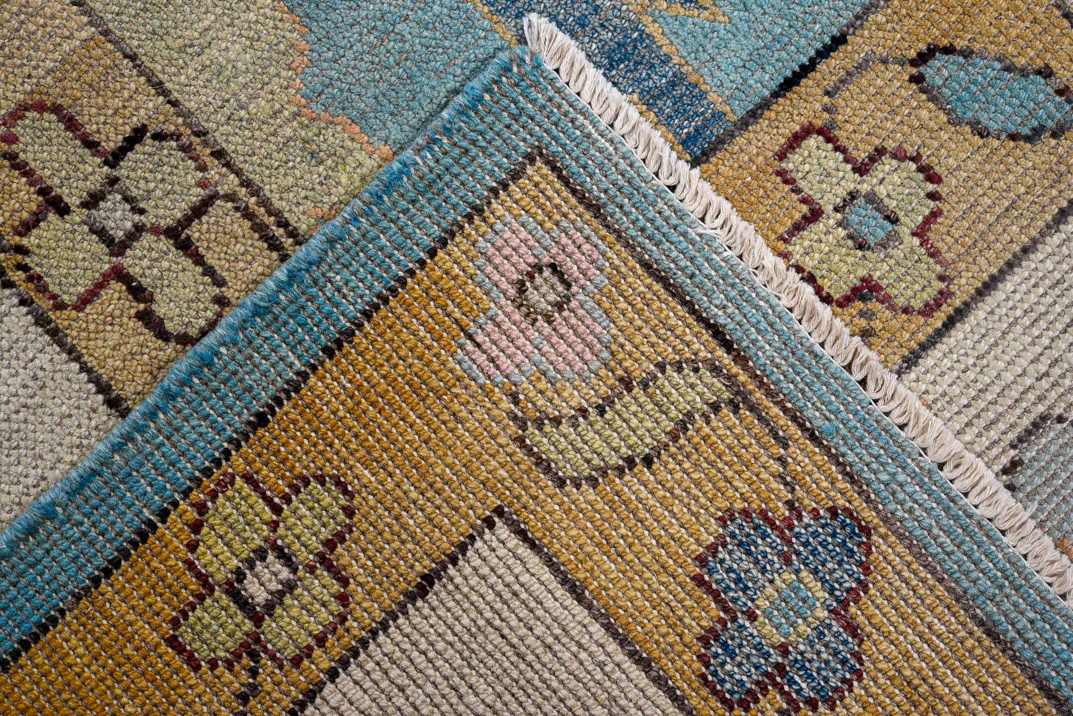 7' x 10' one-of-a-kind handmade vintage Oushak large size rug. Color palette: sky blue, ivory, gold, blush, burgundy, sage