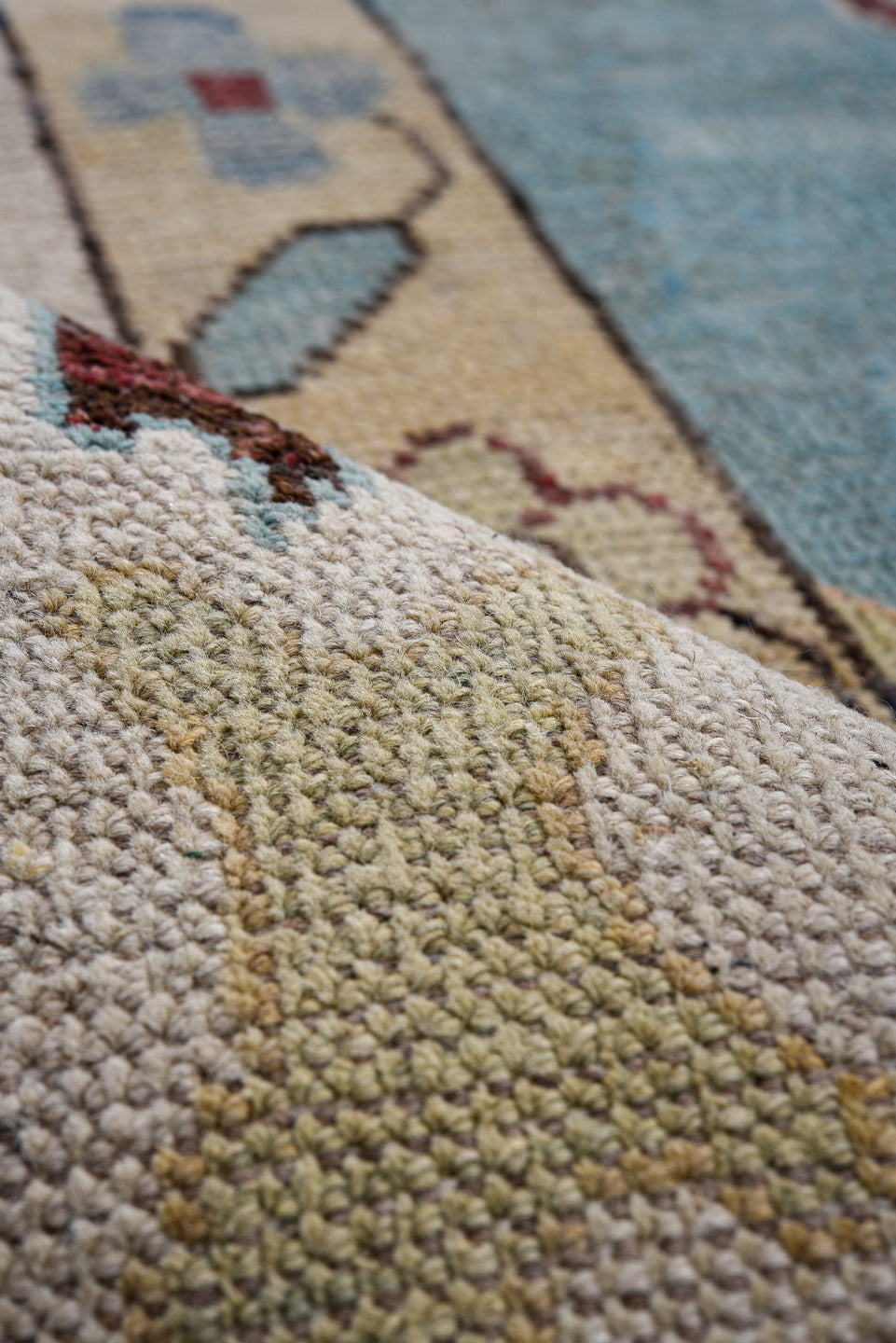 7' x 10' one-of-a-kind handmade vintage Oushak large size rug. Color palette: sky blue, ivory, gold, blush, burgundy, sage