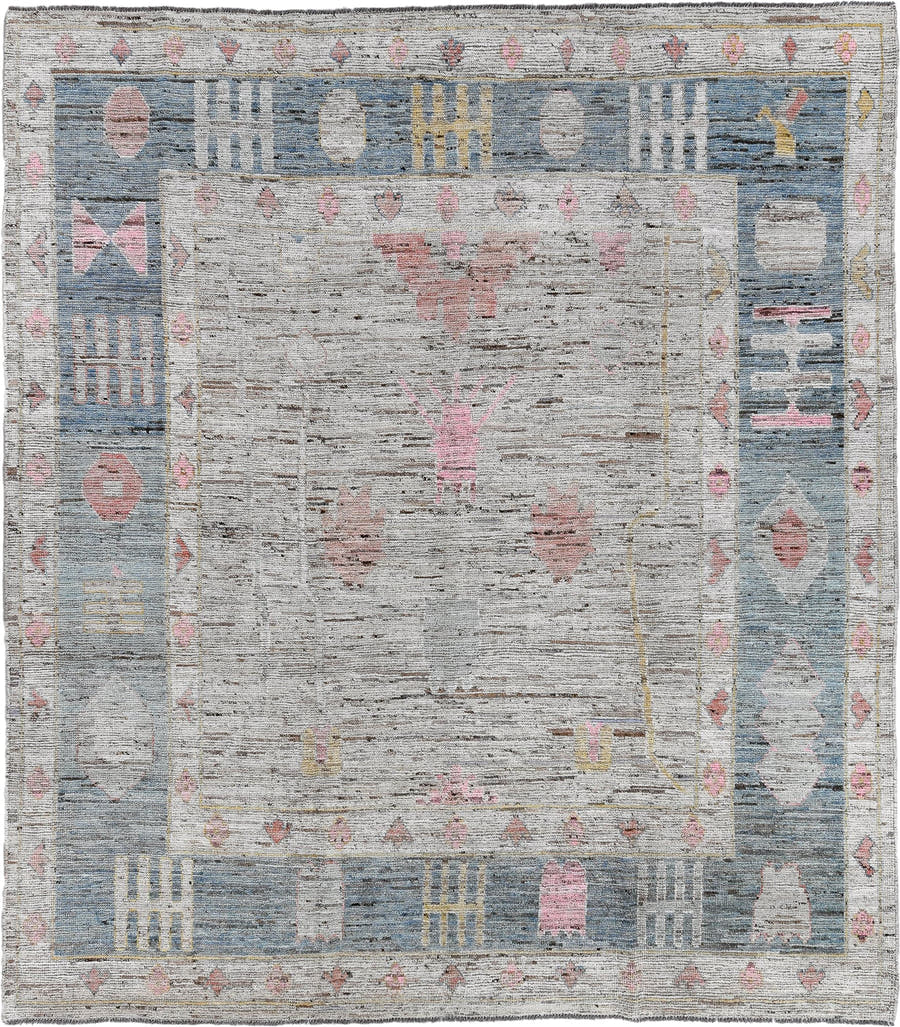 8' x 9' one-of-a-kind handmade vintage Oushak large size rug. Color palette: ivory, pale blue, blush, taupe, soft gold, rose