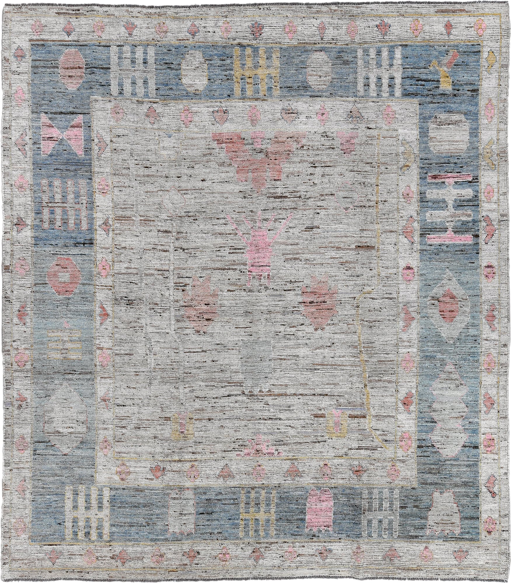 8' x 9' one-of-a-kind handmade vintage Oushak large size rug. Color palette: ivory, pale blue, blush, taupe, soft gold, rose