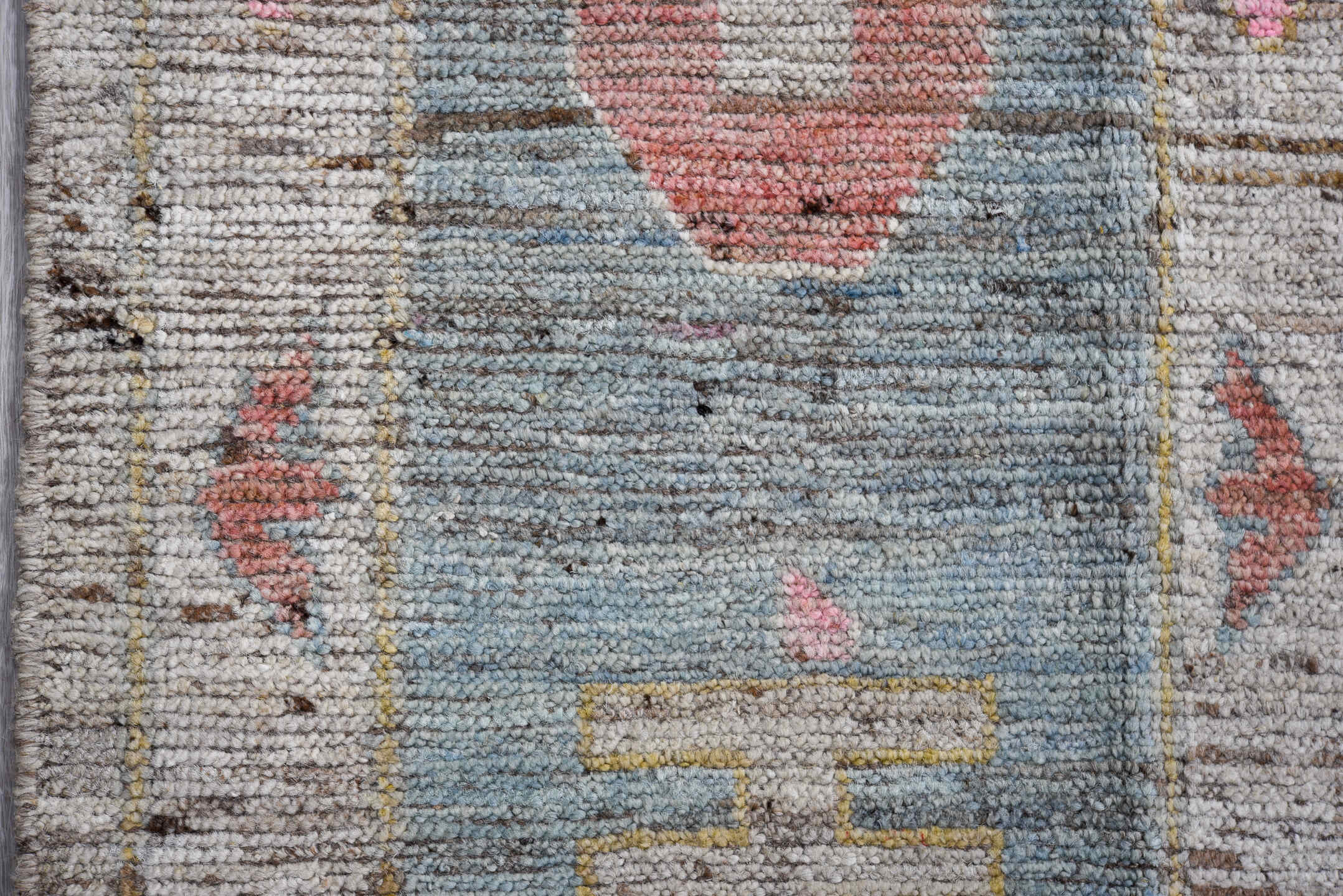 8' x 9' one-of-a-kind handmade vintage Oushak large size rug. Color palette: ivory, pale blue, blush, taupe, soft gold, rose