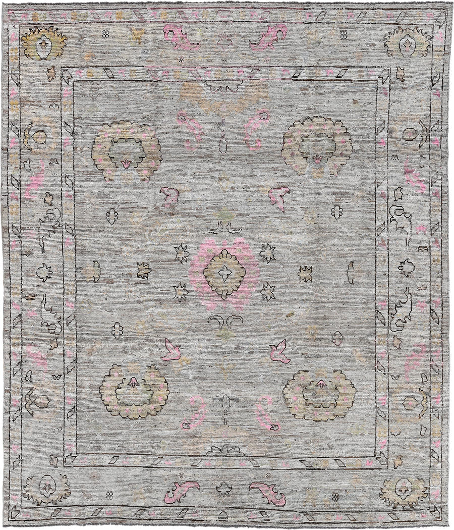 8' x 9' one-of-a-kind handmade vintage Oushak large size rug. Color palette: taupe, ivory, blush, beige, gold, charcoal