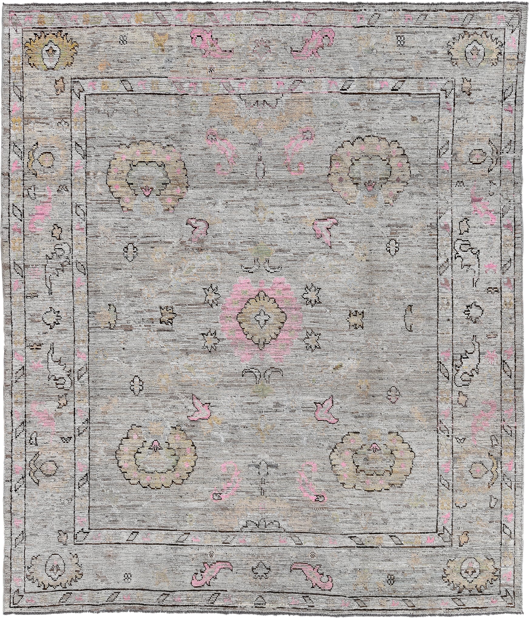 8' x 9' one-of-a-kind handmade vintage Oushak large size rug. Color palette: taupe, ivory, blush, beige, gold, charcoal