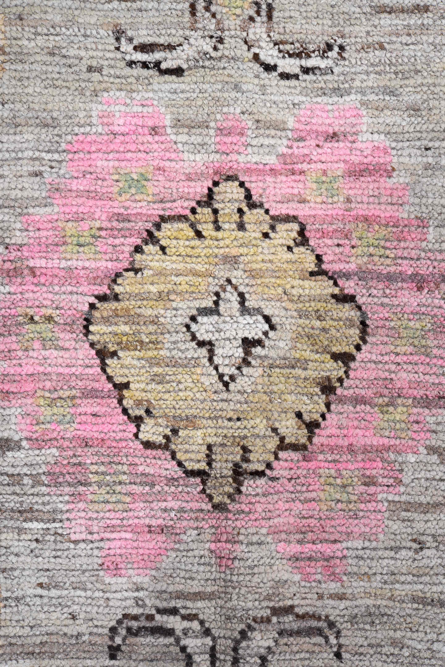 8' x 9' one-of-a-kind handmade vintage Oushak large size rug. Color palette: taupe, ivory, blush, beige, gold, charcoal
