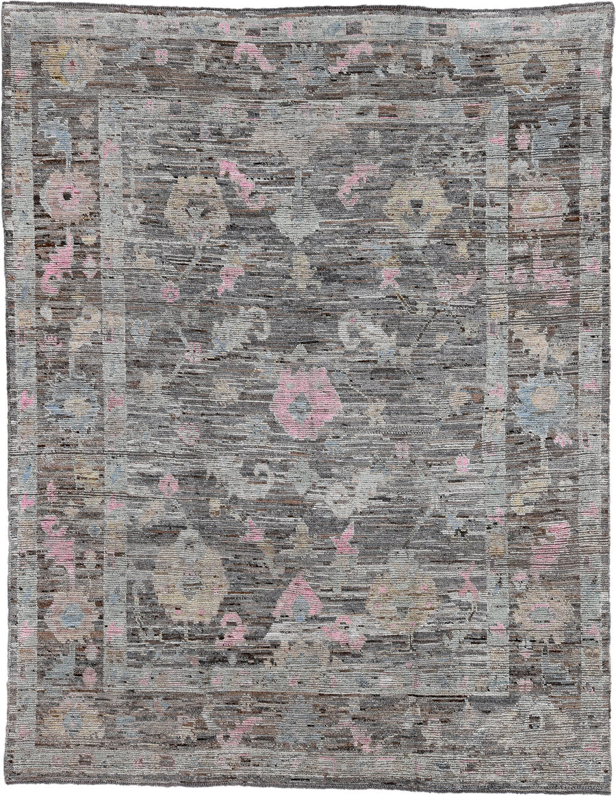 9' x 11' one-of-a-kind handmade vintage Oushak large size rug. Color palette: gray, ivory, blush, taupe, light blue, beige