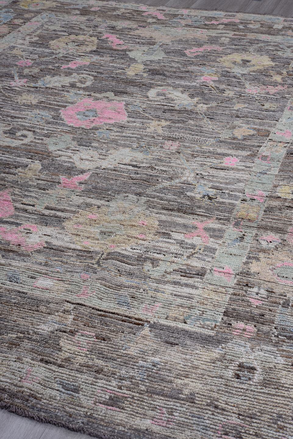9' x 11' one-of-a-kind handmade vintage Oushak large size rug. Color palette: gray, ivory, blush, taupe, light blue, beige