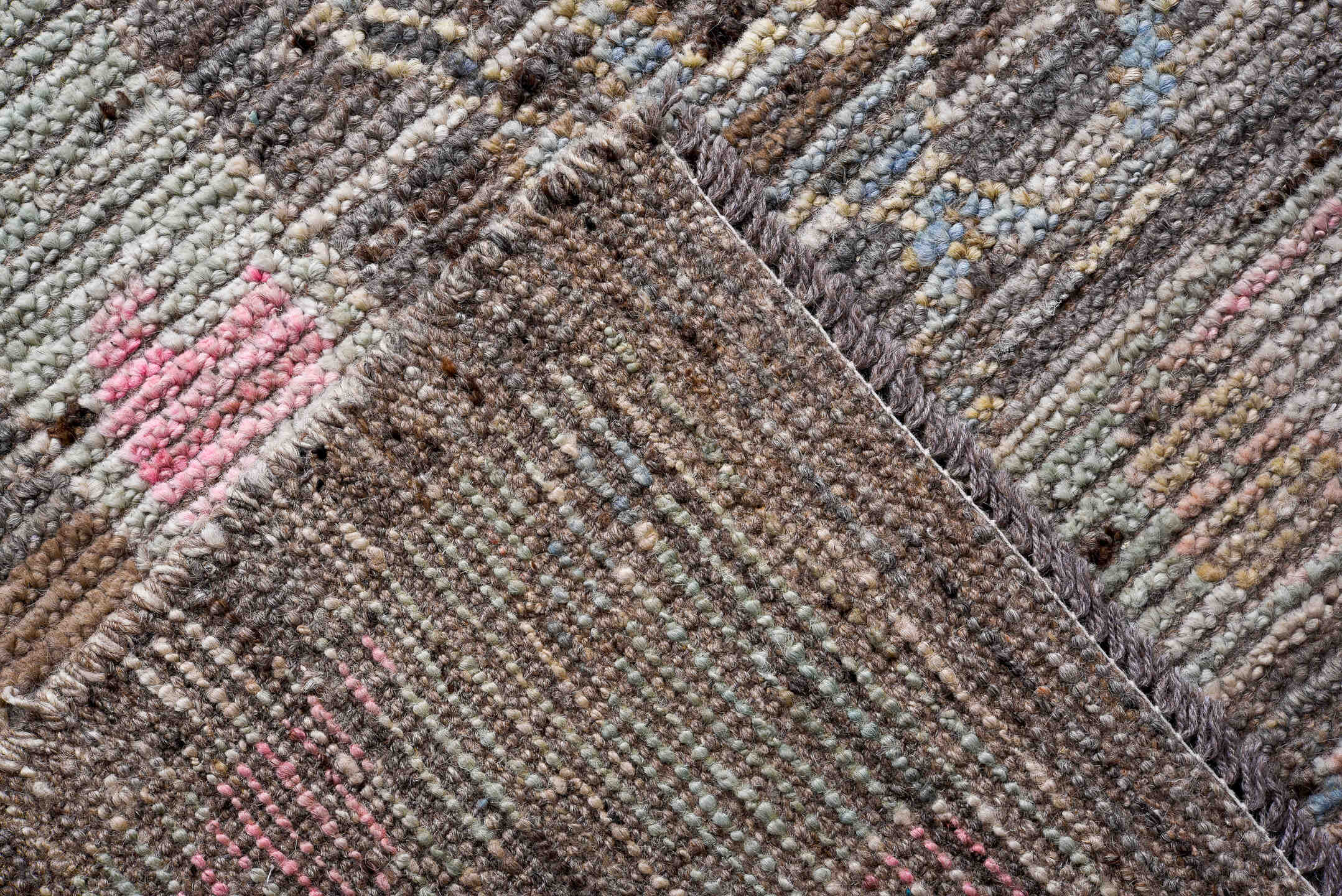 9' x 11' one-of-a-kind handmade vintage Oushak large size rug. Color palette: gray, ivory, blush, taupe, light blue, beige
