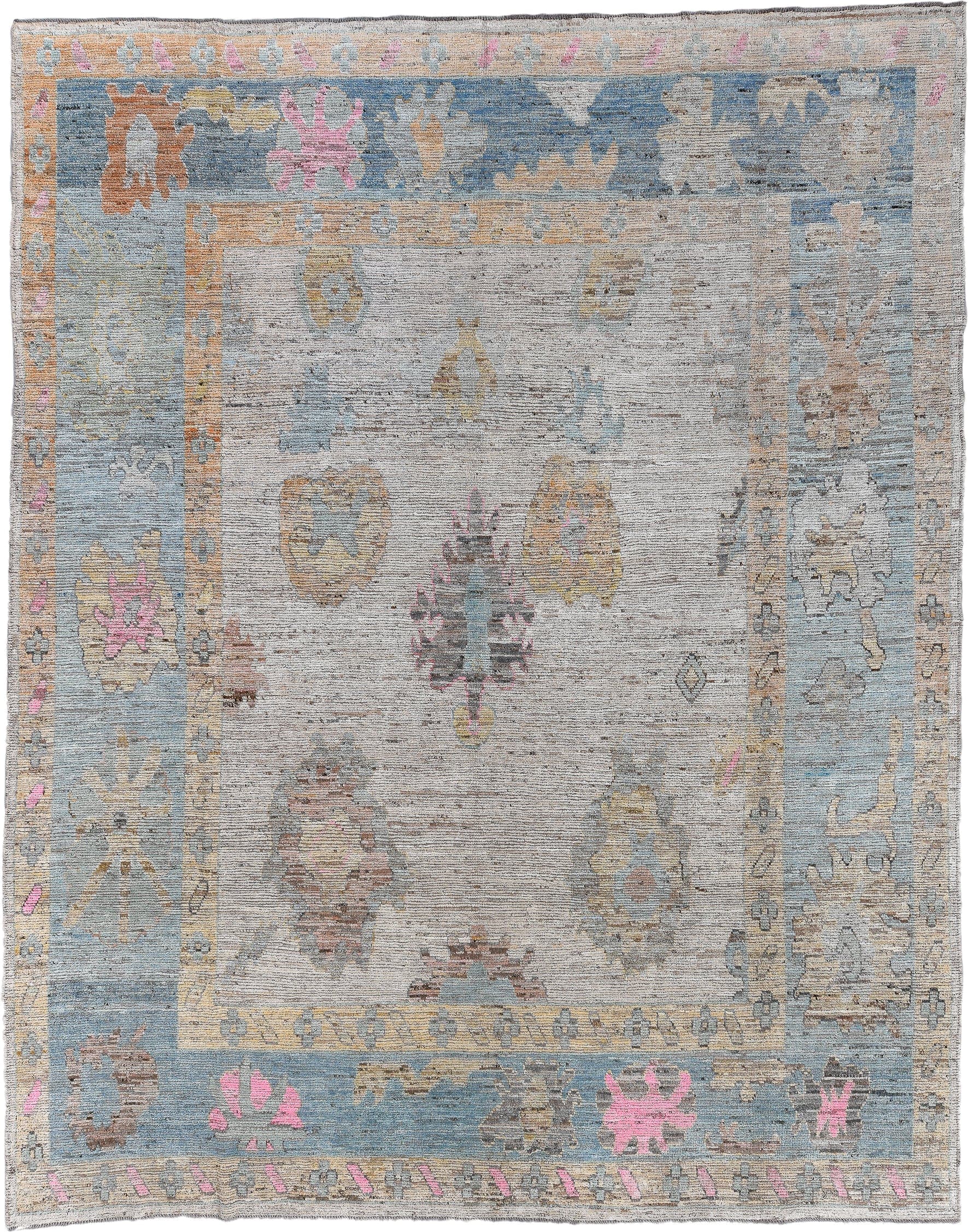 10' x 13' one-of-a-kind handmade vintage Oushak oversize rug. Color palette: ivory, pale blue, sand, pink, gold, taupe
