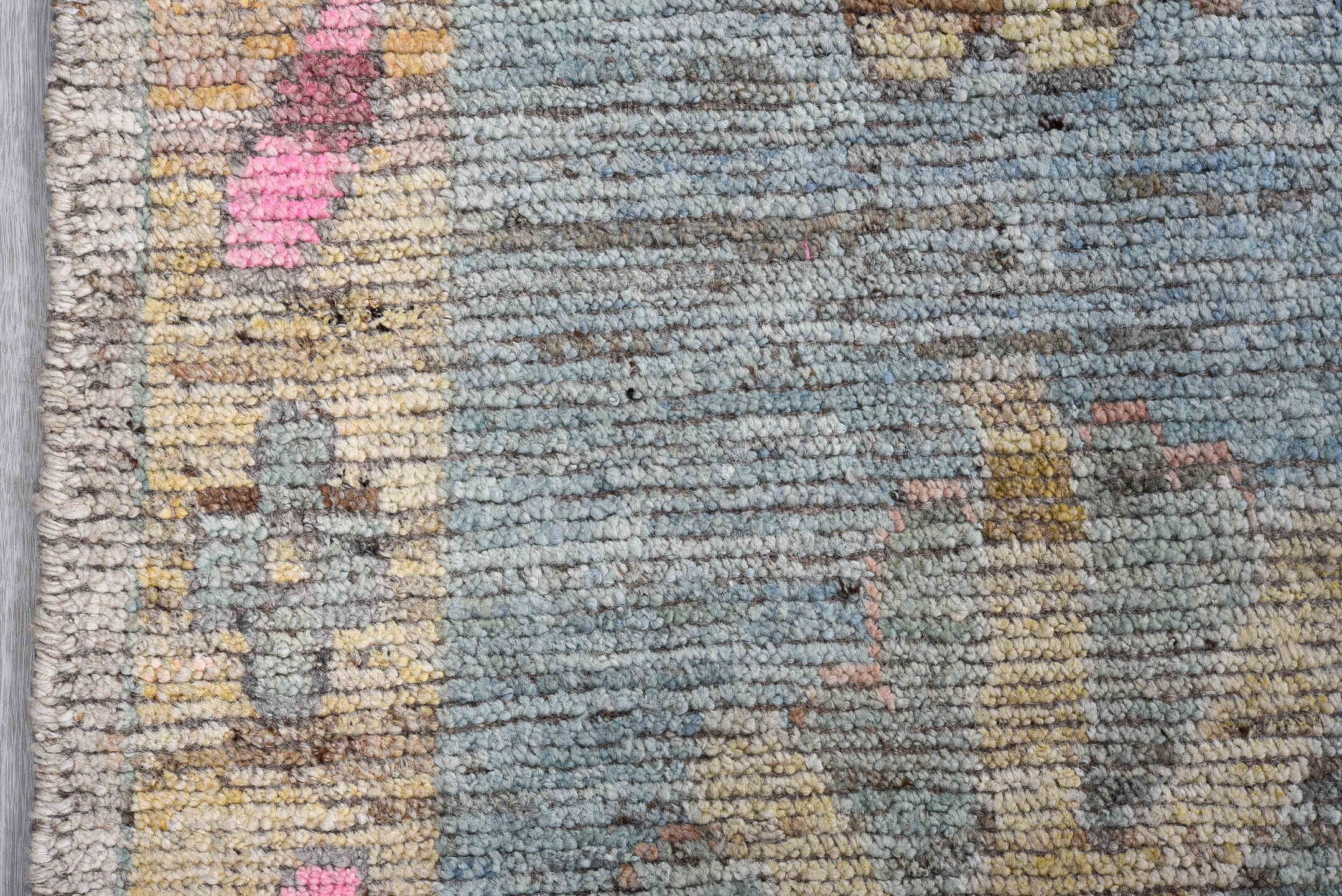 10' x 13' one-of-a-kind handmade vintage Oushak oversize rug. Color palette: ivory, pale blue, sand, pink, gold, taupe