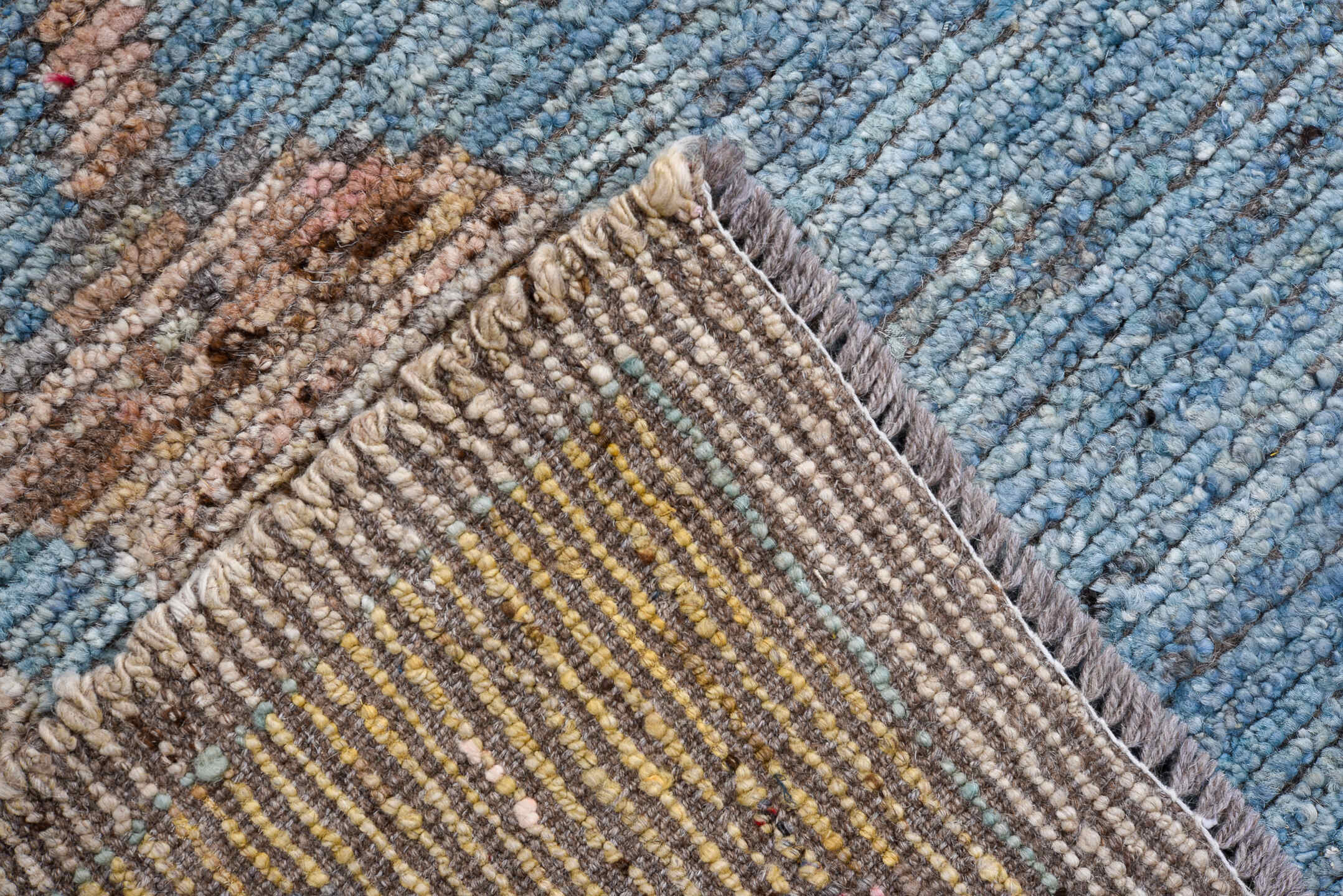 10' x 13' one-of-a-kind handmade vintage Oushak oversize rug. Color palette: ivory, pale blue, sand, pink, gold, taupe
