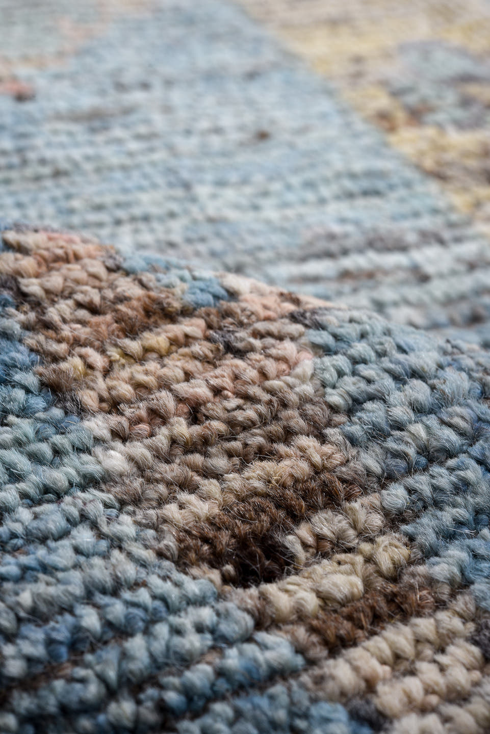 10' x 13' one-of-a-kind handmade vintage Oushak oversize rug. Color palette: ivory, pale blue, sand, pink, gold, taupe