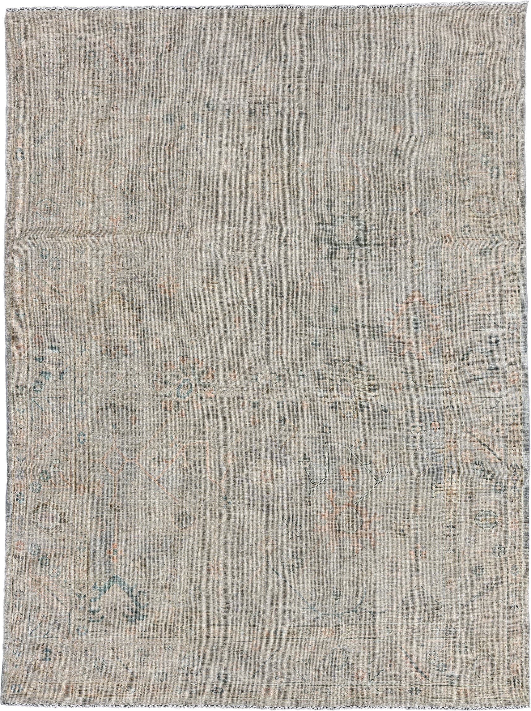 8' x 11' one-of-a-kind handmade vintage Oushak large size rug. Color palette: ivory, taupe, sage, soft blue, blush, beige