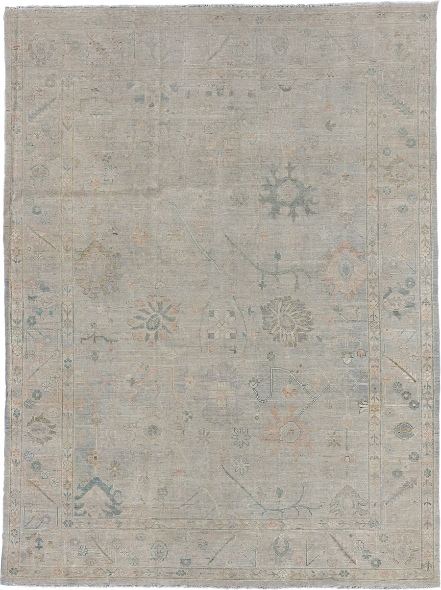 8' x 11' one-of-a-kind handmade vintage Oushak large size rug. Color palette: ivory, taupe, sage, soft blue, blush, beige