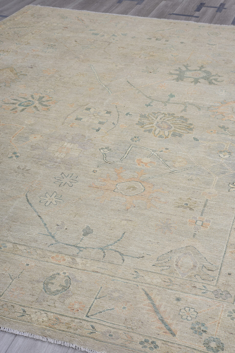 8' x 11' one-of-a-kind handmade vintage Oushak large size rug. Color palette: ivory, taupe, sage, soft blue, blush, beige