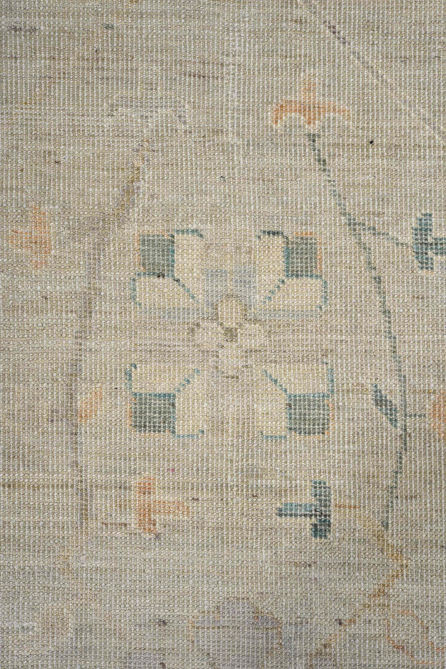 8' x 11' one-of-a-kind handmade vintage Oushak large size rug. Color palette: ivory, taupe, sage, soft blue, blush, beige