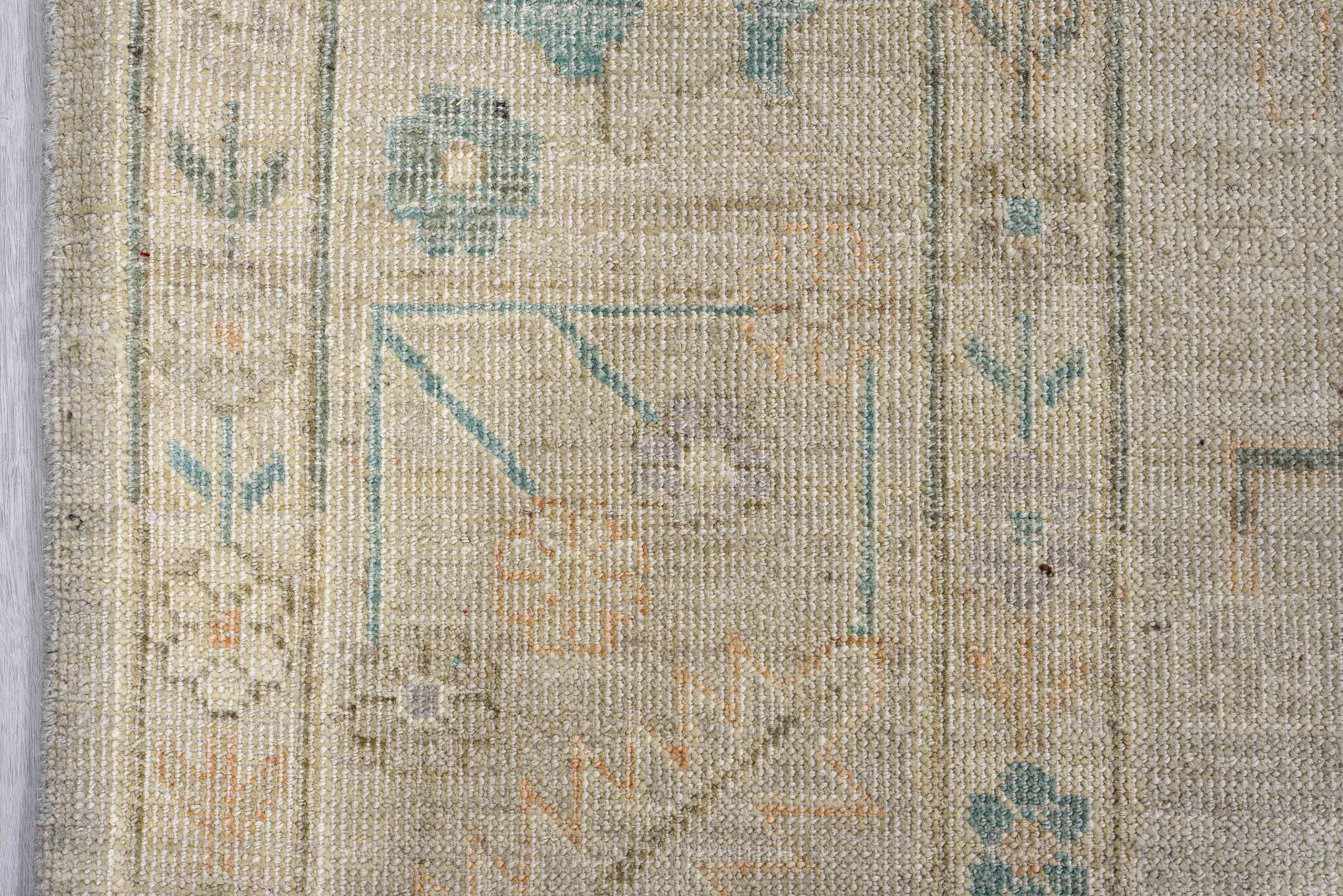 8' x 11' one-of-a-kind handmade vintage Oushak large size rug. Color palette: ivory, taupe, sage, soft blue, blush, beige